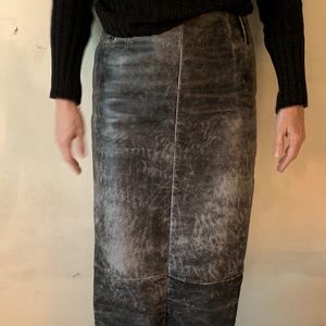 Black distressed leather ankle length skirt